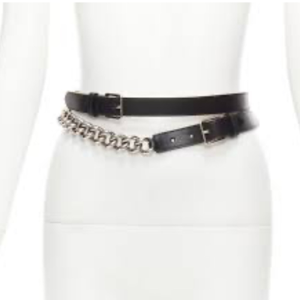 Alexander McQueen Black Belt with Silver Chain Accent